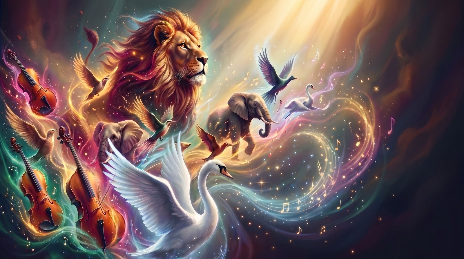 Ilustración de un león, aves, un elefante y un cisne entre instrumentos y luces