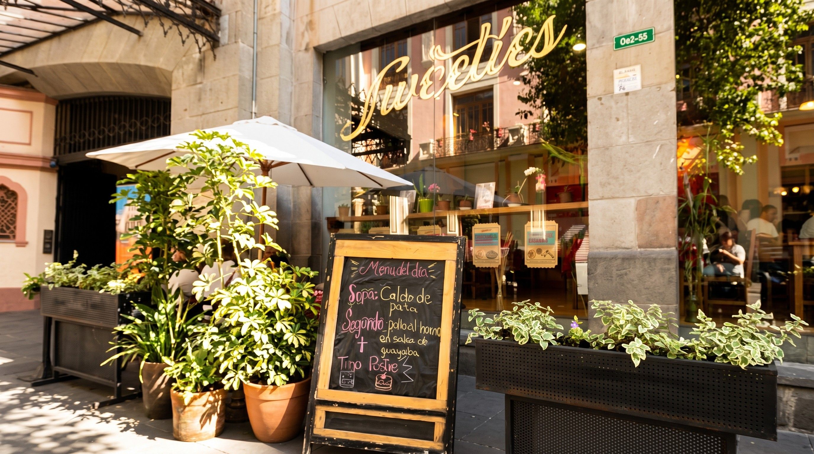 Entrada de Sweeties con plantas y pizarra en el Centro Histórico